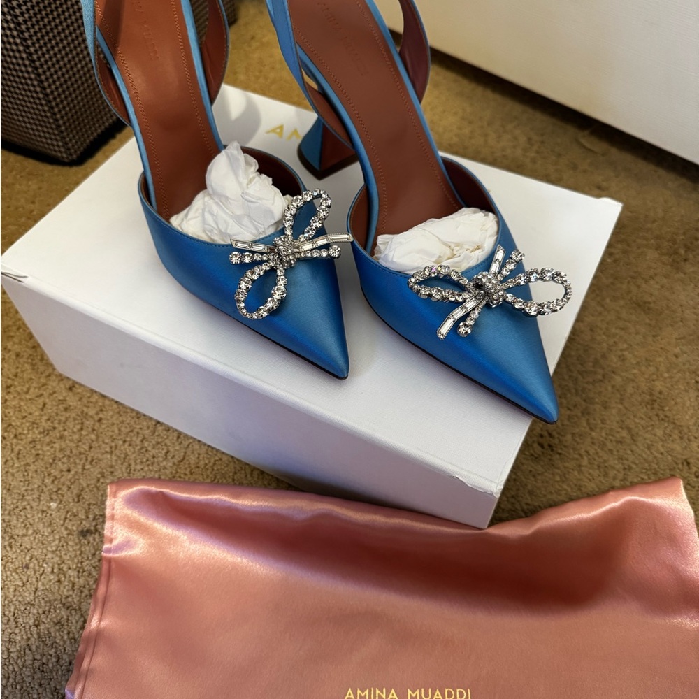 Amina Muaddi Blue Stiletto Heels with Crystal Bow - Picture 3 of 4